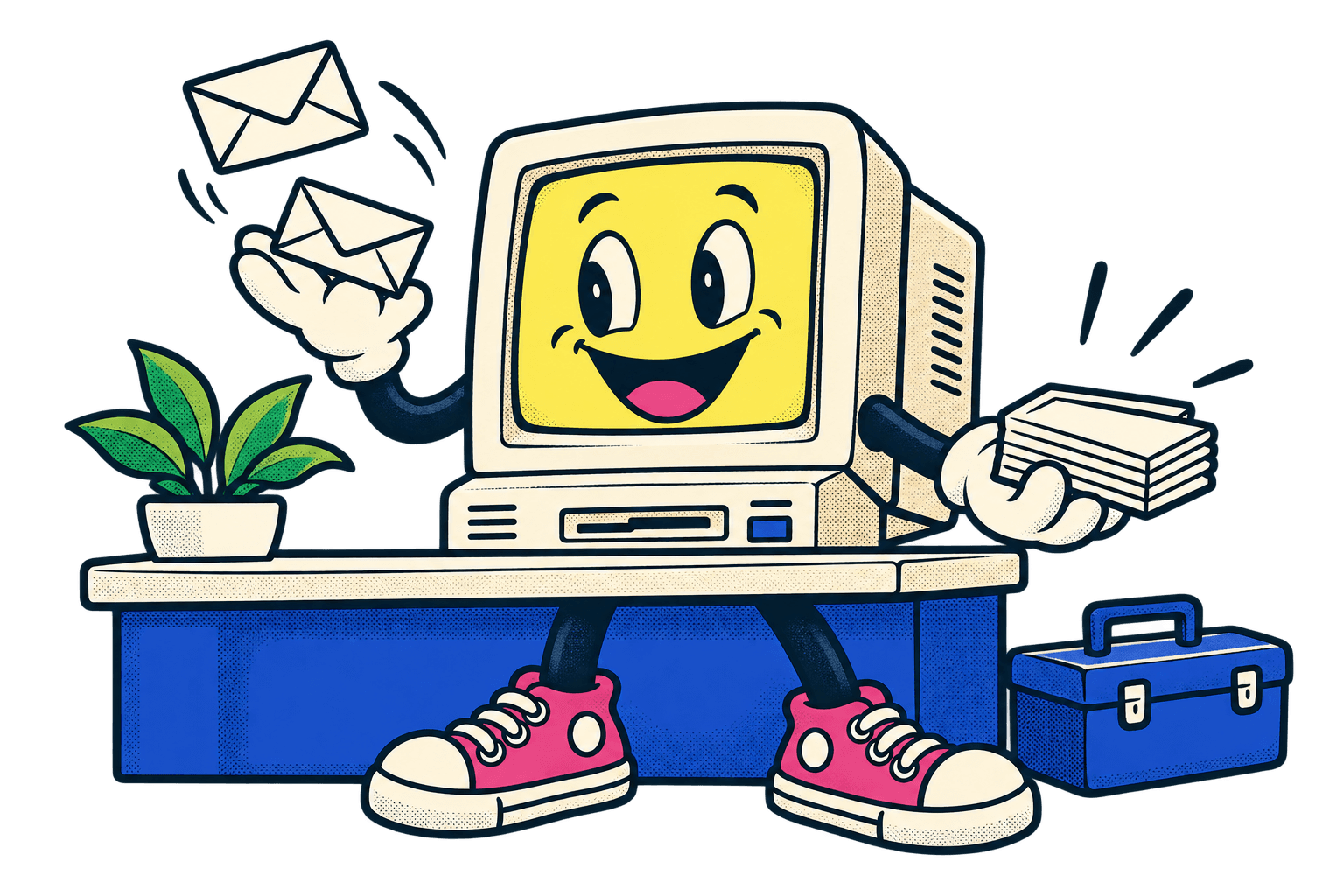 A cheerful retro computer assistant organizing customer messages into useful job requests